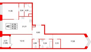 Квартира в ЖК «Акватория», 3 комнатная, 91.92 м², 3 этаж