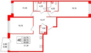 Квартира в ЖК «Акватория», 3 комнатная, 90.6 м², 3 этаж