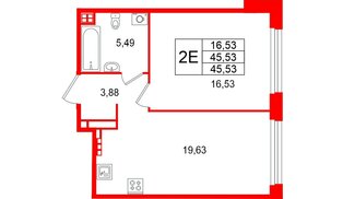 Квартира в ЖК «Акватория», 1 комнатная, 45.53 м², 5 этаж