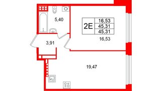 Квартира в ЖК «Акватория», 1 комнатная, 45.31 м², 7 этаж