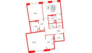 Квартира в ЖК «Акватория», 3 комнатная, 100.98 м², 7 этаж