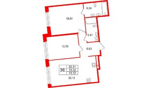 Квартира в ЖК Акватория, 2 комнатная, 73.72 м², 3 этаж