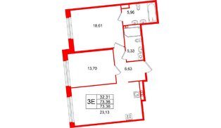 Квартира в ЖК Акватория, 2 комнатная, 73.36 м², 5 этаж