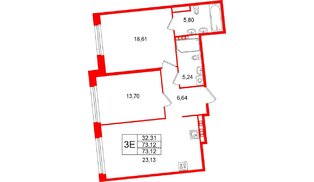 Квартира в ЖК Акватория, 2 комнатная, 73.12 м², 7 этаж