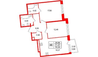 Квартира в ЖК Акватория, 2 комнатная, 72.25 м², 3 этаж