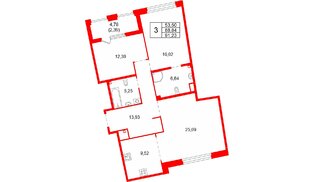 Квартира в ЖК «Акватория», 3 комнатная, 91.23 м², 3 этаж