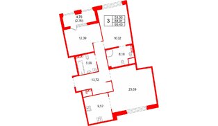 Квартира в ЖК «Акватория», 3 комнатная, 90.4 м², 7 этаж