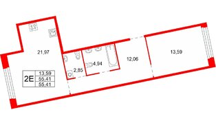 Квартира в ЖК Акватория, 1 комнатная, 55.41 м², 3 этаж