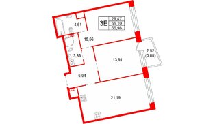 Квартира в ЖК Акватория, 2 комнатная, 66.98 м², 5 этаж
