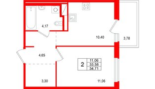 Квартира в ЖК «ОКЛА», 1 комнатная, 34.71 м², 2 этаж