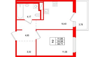 Квартира в ЖК «ОКЛА», 1 комнатная, 34.71 м², 3 этаж