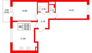 Квартира в ЖК «Аннино Сити», 2 комнатная, 56.56 м², 2 этаж