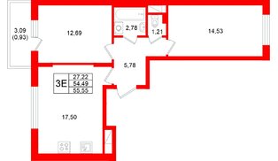 Квартира в ЖК «Аннино Сити», 2 комнатная, 55.55 м², 4 этаж