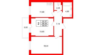 Квартира в ЖК «Аннино Сити», 2 комнатная, 59.45 м², 2 этаж