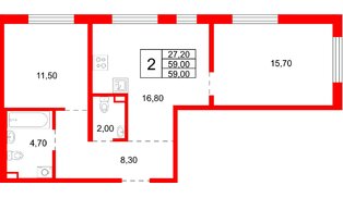 Квартира в ЖК «Плюс Пулковский», 2 комнатная, 59 м², 1 этаж