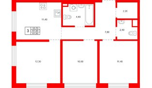 Квартира в ЖК «Плюс Пулковский», 3 комнатная, 61.9 м², 1 этаж