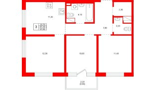 Квартира в ЖК «Плюс Пулковский», 3 комнатная, 61.96 м², 2 этаж