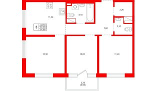 Квартира в ЖК «Плюс Пулковский», 3 комнатная, 61.86 м², 4 этаж