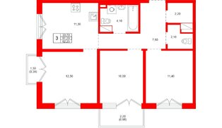 Квартира в ЖК «Плюс Пулковский», 3 комнатная, 62.25 м², 5 этаж