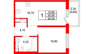 Квартира в ЖК «Плюс Пулковский», 1 комнатная, 36.59 м², 4 этаж