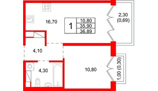 Квартира в ЖК «Плюс Пулковский», 1 комнатная, 36.89 м², 5 этаж