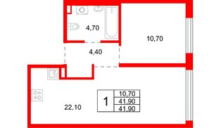 Квартира в ЖК «Плюс Пулковский», 1 комнатная, 41.9 м², 1 этаж