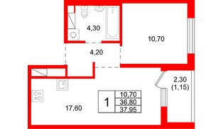 Квартира в ЖК «Плюс Пулковский», 1 комнатная, 37.95 м², 3 этаж