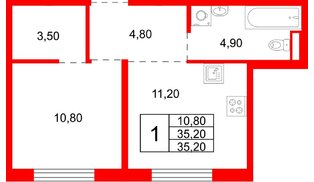 Квартира в ЖК «Плюс Пулковский», 1 комнатная, 35.2 м², 2 этаж