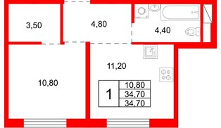 Квартира в ЖК «Плюс Пулковский», 1 комнатная, 34.7 м², 3 этаж