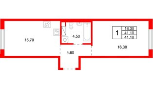 Квартира в ЖК «Плюс Пулковский», 1 комнатная, 41.1 м², 2 этаж