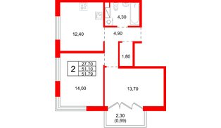 Квартира в ЖК «Плюс Пулковский», 2 комнатная, 51.79 м², 5 этаж
