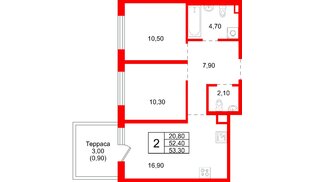Квартира в ЖК «Плюс Пулковский», 2 комнатная, 53.3 м², 1 этаж