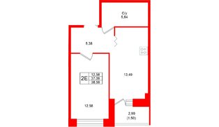 Квартира в ЖК «Квартал Уютный», 1 комнатная, 38.59 м², 2 этаж