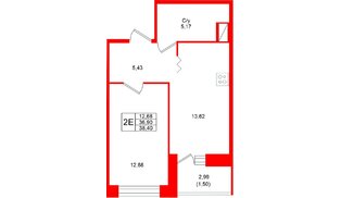 Квартира в ЖК «Квартал Уютный», 1 комнатная, 38.4 м², 6 этаж