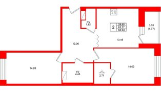 Квартира в ЖК Квартал Уютный, 2 комнатная, 65.04 м², 7 этаж