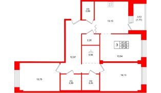 Квартира в ЖК Квартал Уютный, 3 комнатная, 87.36 м², 2 этаж