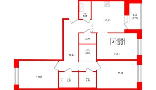 Квартира в ЖК Квартал Уютный, 3 комнатная, 86.95 м², 7 этаж