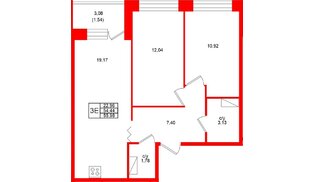 Квартира в ЖК Квартал Уютный, 2 комнатная, 55.98 м², 3 этаж