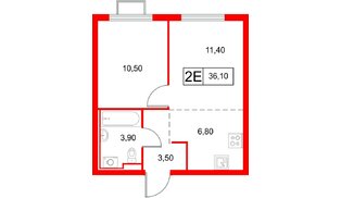 Квартира в ЖК «Янинский Лес», 1 комнатная, 36.1 м², 2 этаж