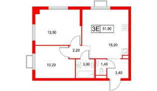 Квартира в ЖК «Янинский Лес», 2 комнатная, 51.9 м², 9 этаж