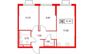 Квартира в ЖК «Янинский Лес», 2 комнатная, 51.4 м², 10 этаж