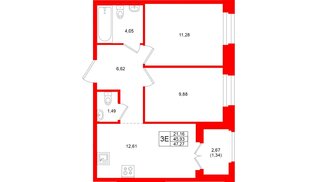 Квартира в ЖК «Новатория», 2 комнатная, 47.27 м², 3 этаж