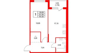 Квартира в ЖК «Охтинские высоты», 1 комнатная, 53.32 м², 2 этаж