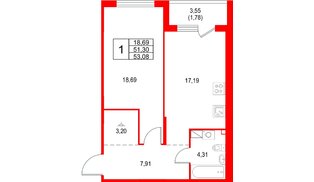 Квартира в ЖК «Охтинские высоты», 1 комнатная, 53.08 м², 4 этаж