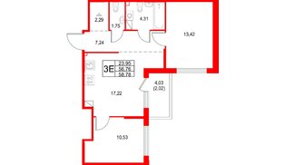 Квартира в ЖК «Охтинские высоты», 2 комнатная, 58.78 м², 3 этаж