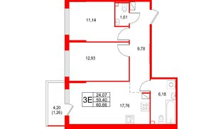Квартира в ЖК «Охтинские высоты», 2 комнатная, 43.69 м², 3 этаж