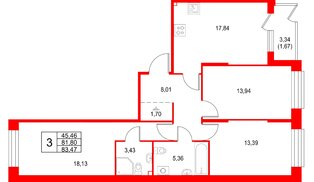 Квартира в ЖК «Охтинские высоты», 3 комнатная, 83.47 м², 1 этаж