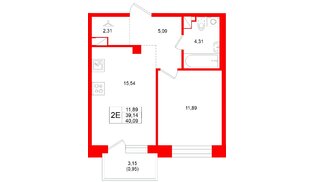 Квартира в ЖК «Охтинские высоты», 1 комнатная, 40.09 м², 2 этаж