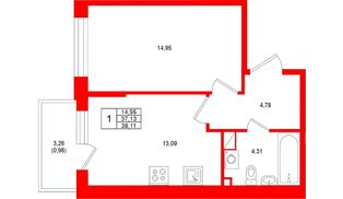 Квартира в ЖК «Охтинские высоты», 1 комнатная, 38.11 м², 2 этаж