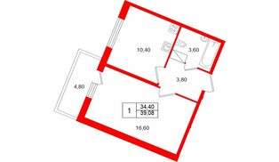 Квартира в ЖК Полис Лаврики, 1 комнатная, 34.4 м², 12 этаж